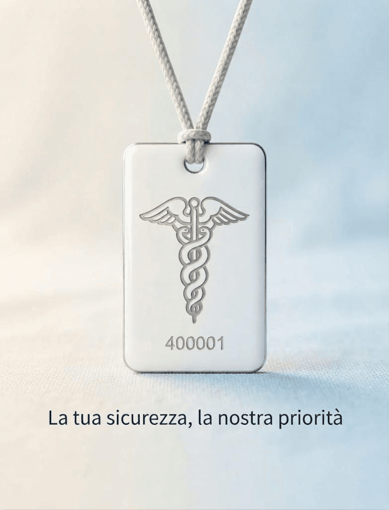 Targhetta Salva la tua vita con caduceo e codice 400001. La tua sicurezza, la nostra priorità
